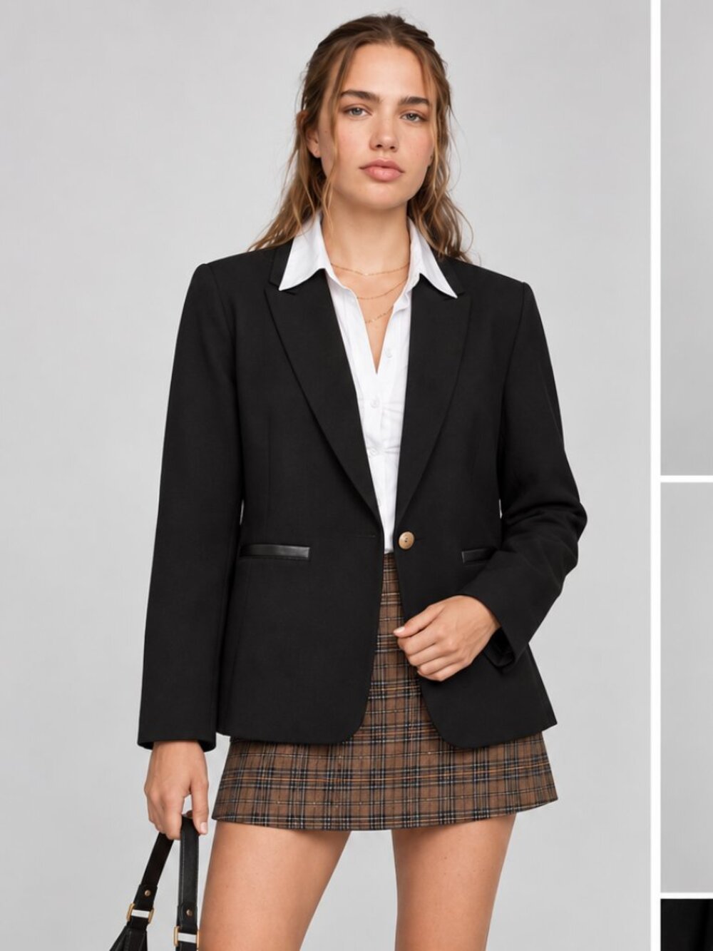 Anne Klein Black Blazer Faux Leather Trim Relaxed Fit 90s Quiet Luxury